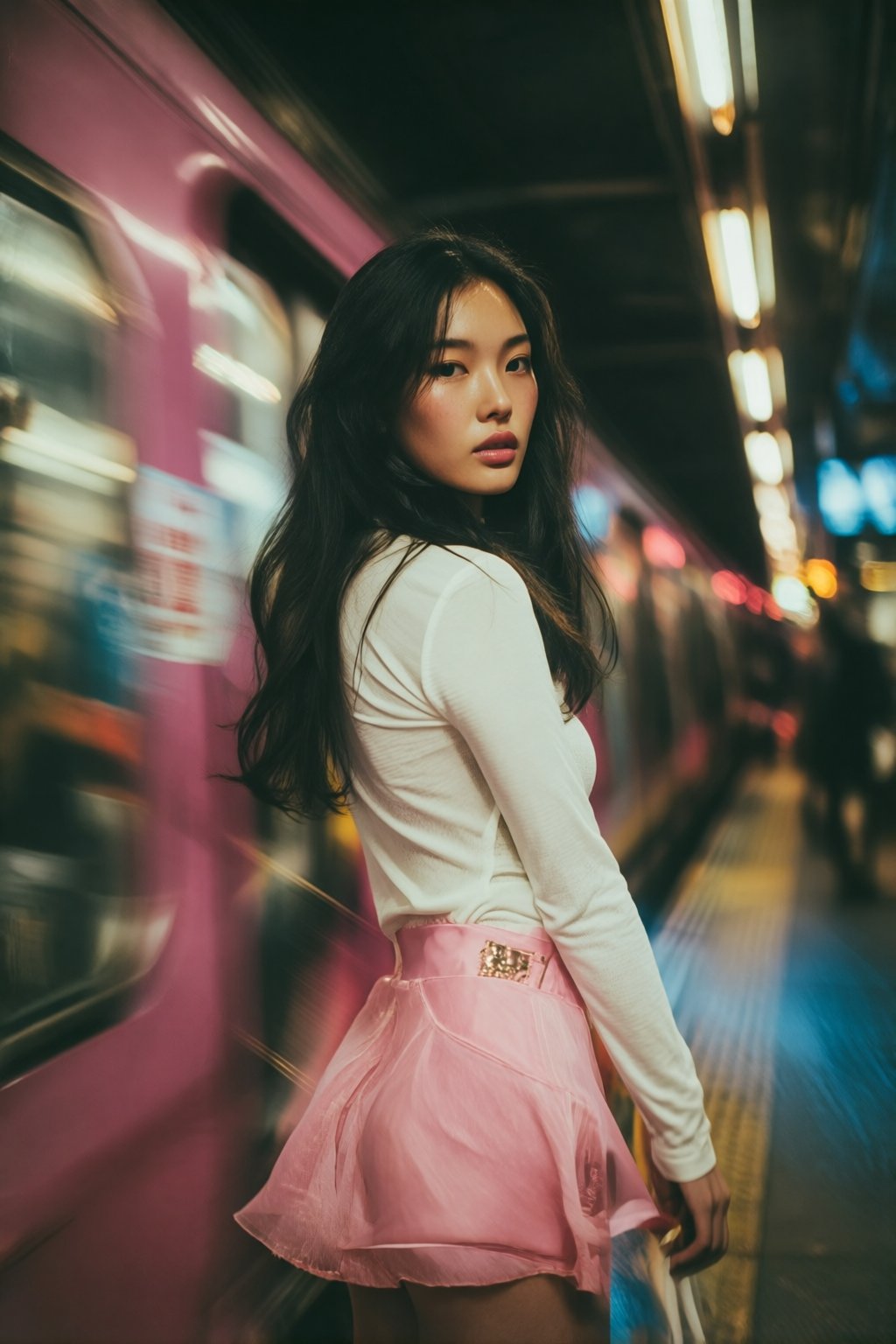 midjourneyanalog16k2e6 On the left is East Asian woman with long,  flowing dark hair,  wearing a white long-sleeved top an...