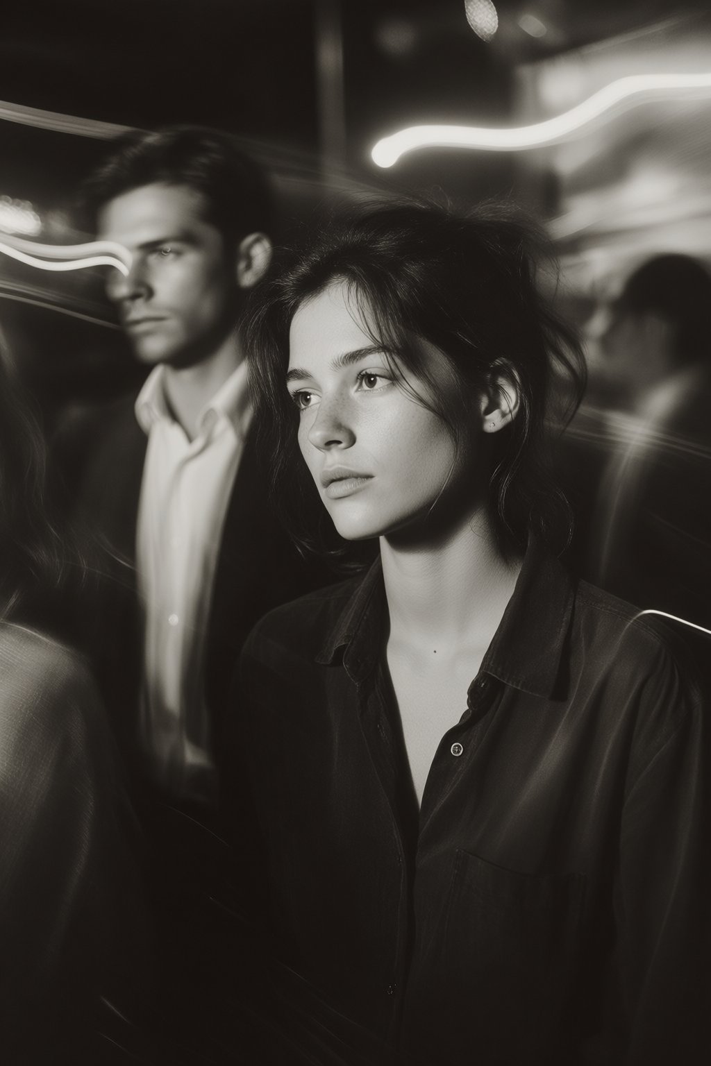 midjourneyanalog16k2e6 Young French woman with dark,  disheveled hair tied back,  looking off-camera with a pensive expres...