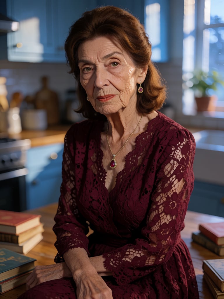 A woman in her early thirties sits comfortably in a sun-drenched kitchen,  bathed in the soft blue light of dusk. Her ches...