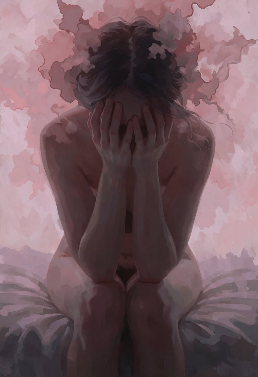 softwatercolor,  a raw,  emotional depiction of a woman seated with her elbows resting on her knees by riiwa on Tensor.Art
