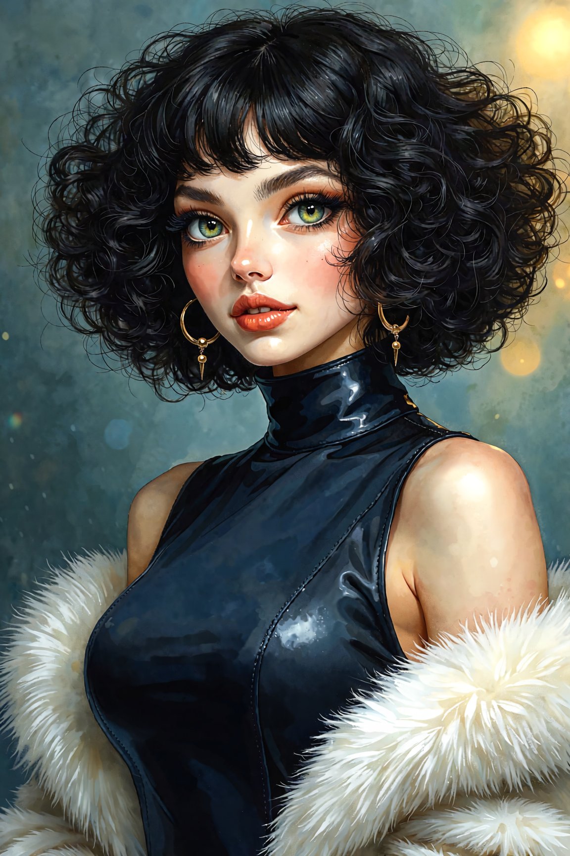 portrait of a stylish woman with voluminous dark curly hair and short bangs,  large green eyes,  porcelain skin by Fatelin...