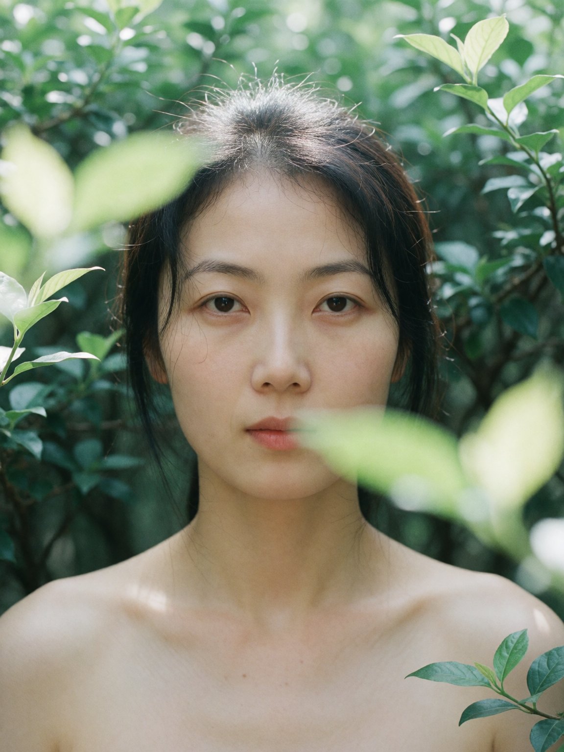 清新林间胶片半身肖像,  温婉东亚少妇,  散落细碎黑发 by 闺蜜 on Tensor.Art