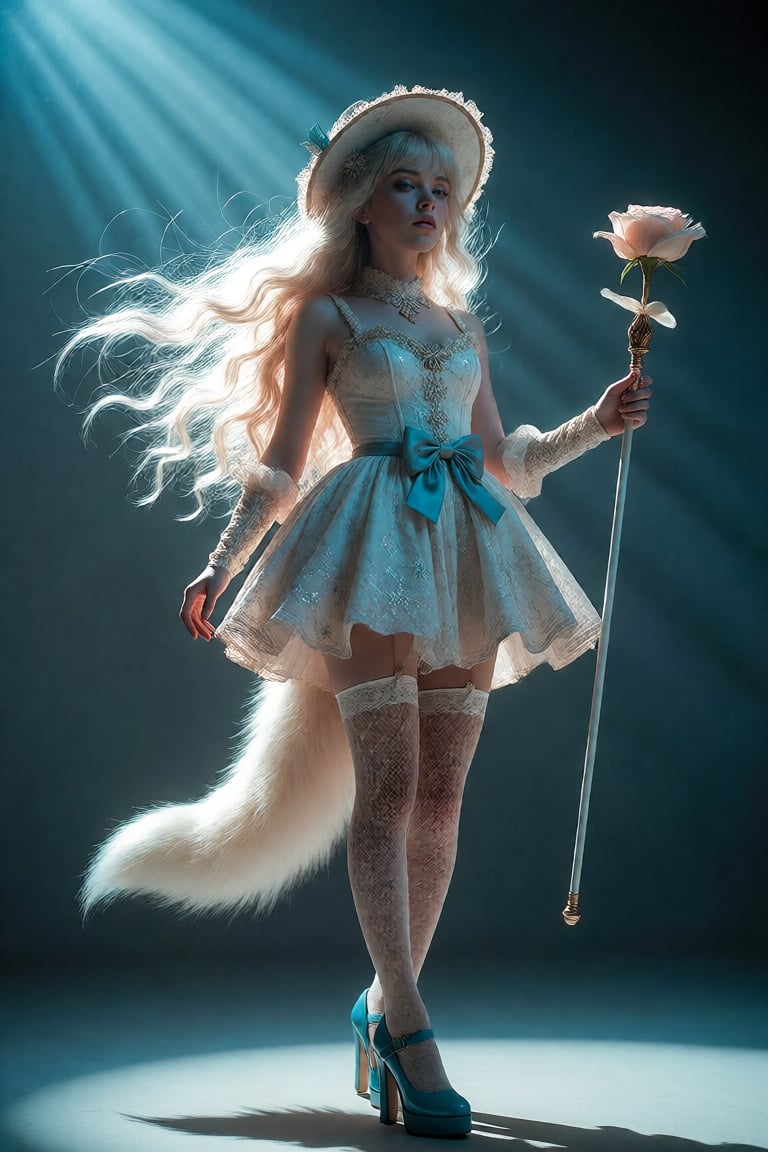 A breathtakingly ethereal young woman stands poised in mid-motion,  her long,  radiant platinum-blonde hair cascading like...