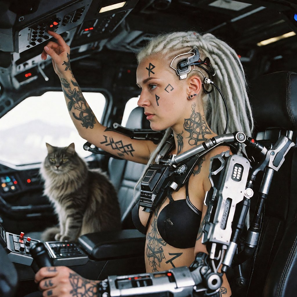 Medium close-up shot. A brutal,  rune-tattooed scandinavian woman,  a futuristic barbarian with white dreadlocks by patrik...