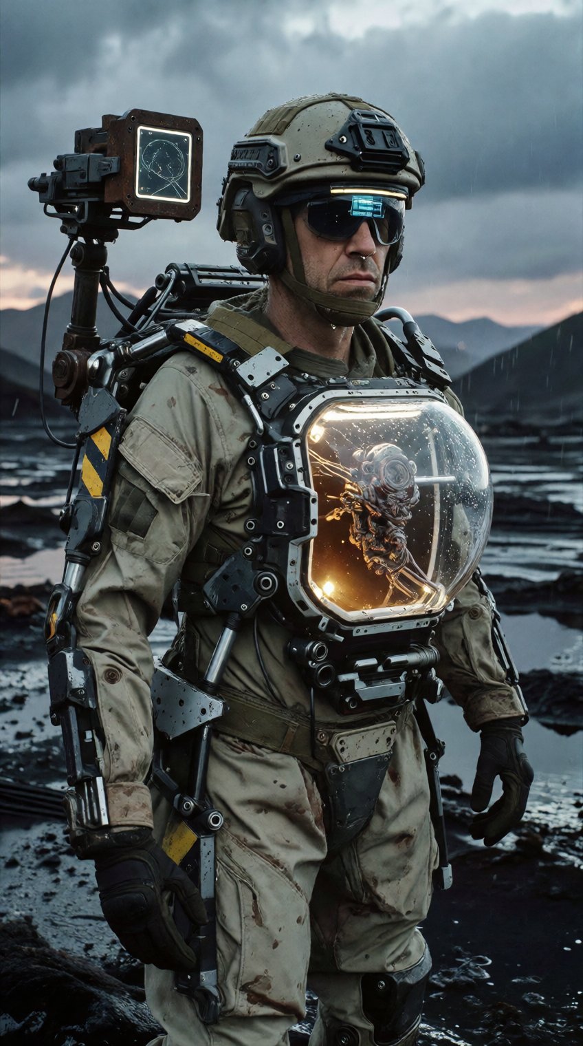 A gritty,  realistic cinematic wide-angle film still,  a hybrid of Hideo Kojima's tactical espionage design and Neill Blom...