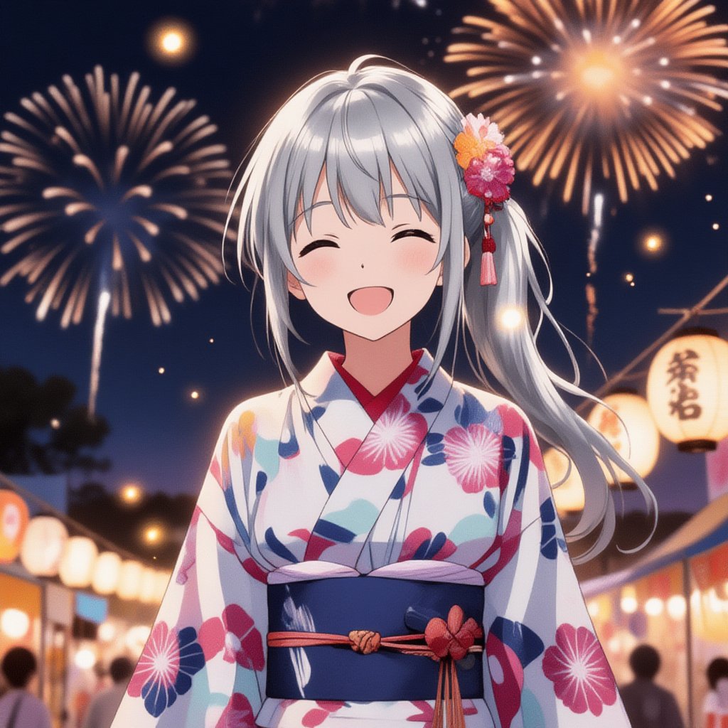 A cute anime girl wearing a colorful yukata,  standing beneath brilliant fireworks,  long silver hair decorated with flora...