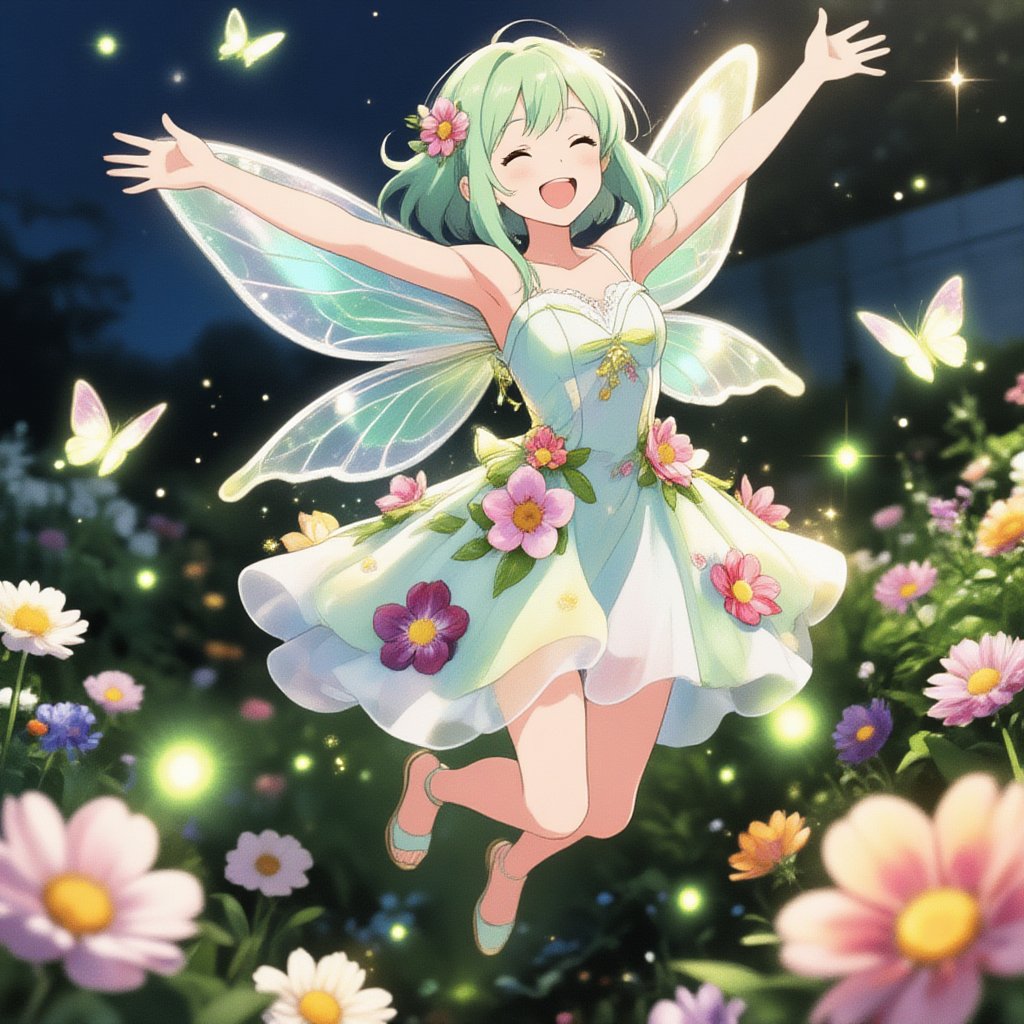 A cute fairy-like anime girl floating above a flower garden,  translucent wings glowing softly,  elegant summer dress deco...