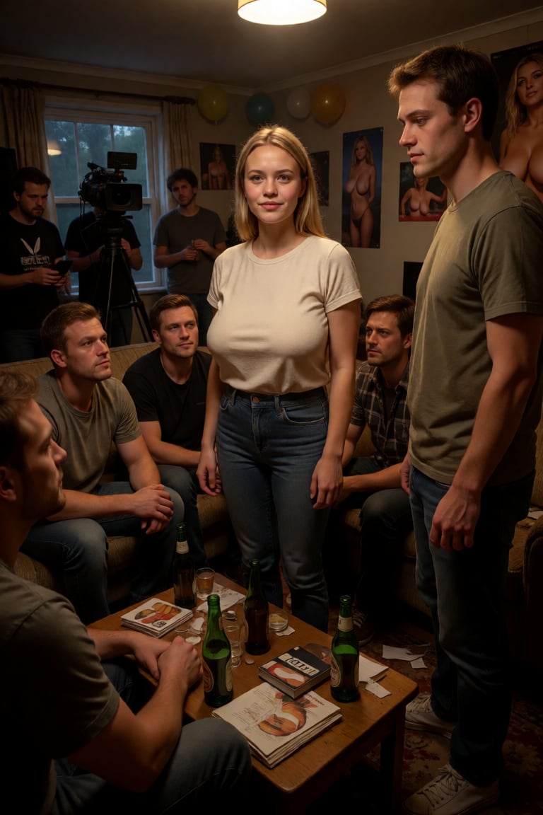 24yo busty Guin,  photorealistic scene,  young woman as a student at a house party by Guin on Tensor.Art