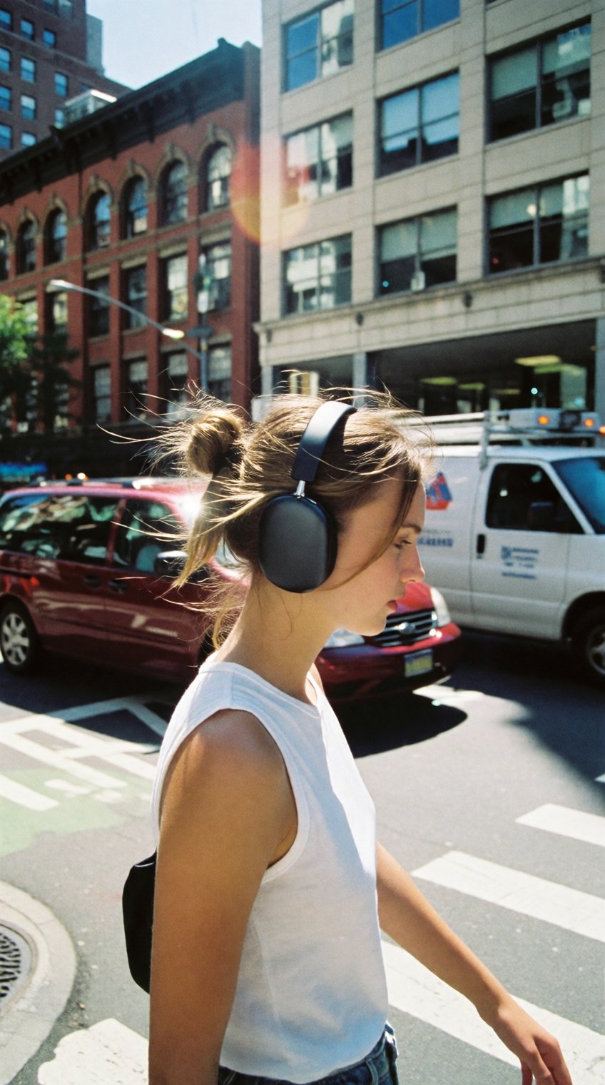 a young woman with light,  windswept hair tied in a messy bun walks across a sunlit city street,  wearing large black over...
