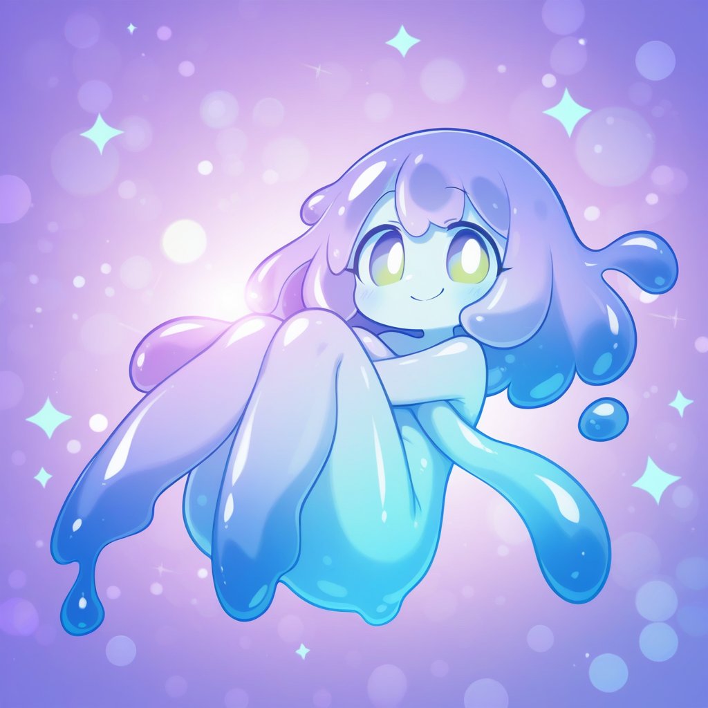 Chibi mature blob slime girl,  ultra-cute exaggerated proportions,  soft gelatinous translucent body with subtle iridescen...