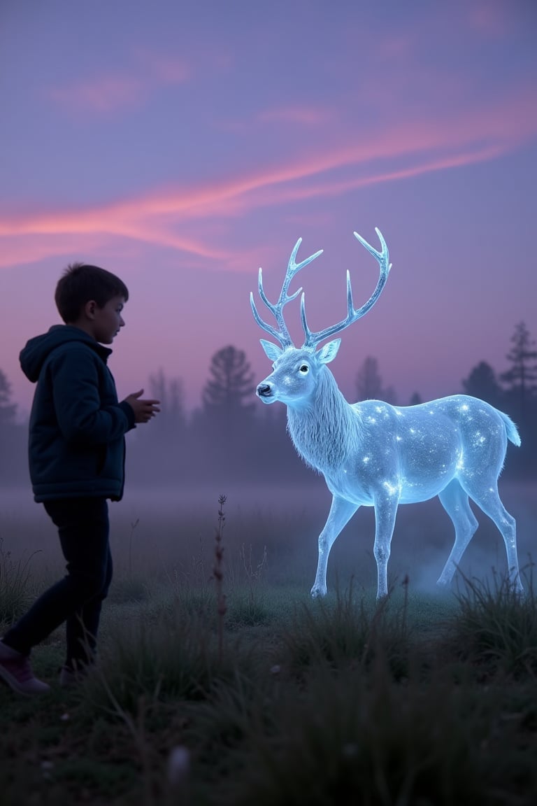 A translucent stag made of crystalline light emerges from a fog-drenched meadow,  its antlers refracting faint prismatic g...