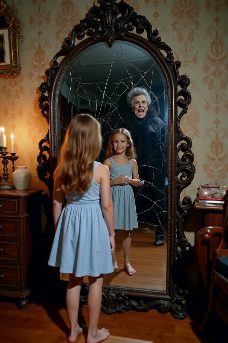 A cracked mirror framed in ornate ironwork reflects a young girl—but the reflection is older,  witch-like,  and smiling. T...
