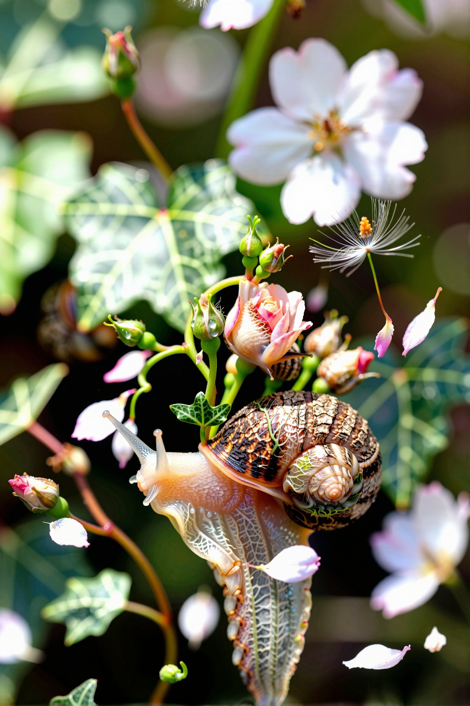 A snail with bark-textured hide—deeply grooved,  fibrous,  and earthy—sprouting tender green buds and a delicate crown of...