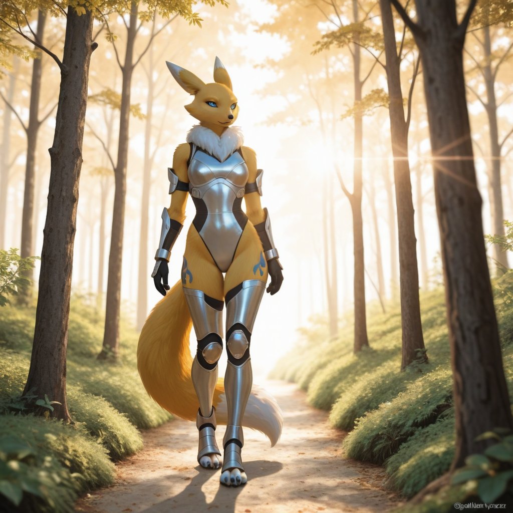 Anthro furry Renamon,  full-body portrait,  standing confidently in a sun-dappled forest clearing at golden hour; soft bac...