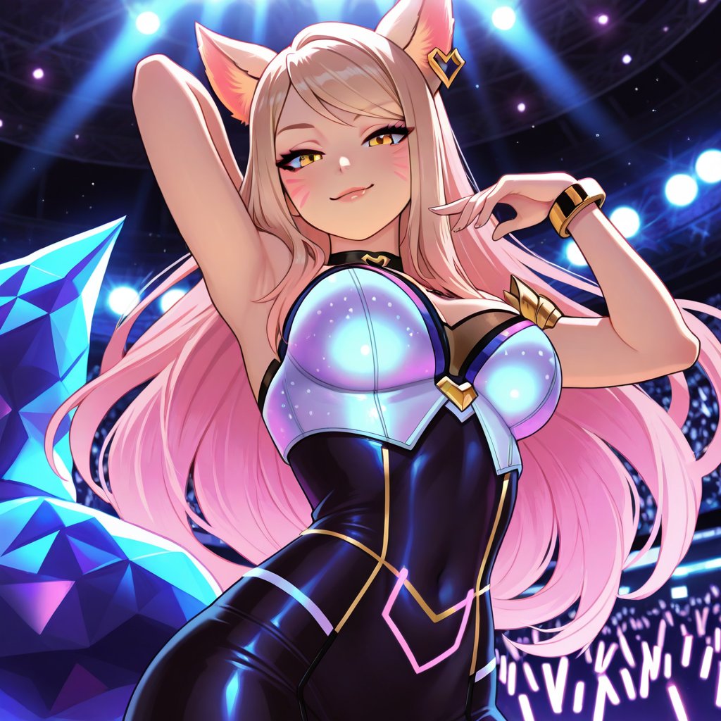 Full-body portrait of K/DA Ahri,  vibrant neon-lit stage backdrop with holographic effects,  dynamic low-angle shot by OGM...