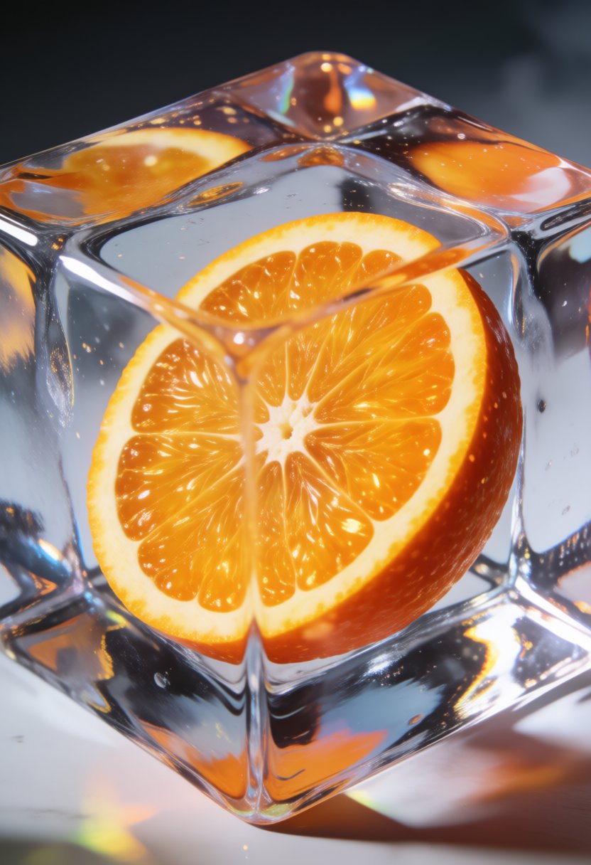3D render,  realistic,  shining orange slice inside faceted ice cube by riiwa on Tensor.Art