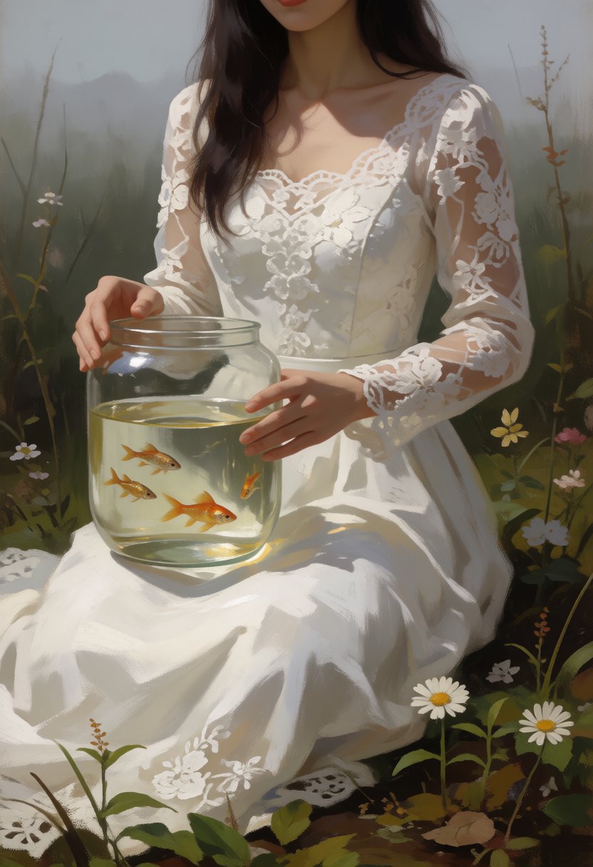digital paint of a person sitting in lace wedding dress and holdint a tank with gold fish in a natural setting,  likely a...