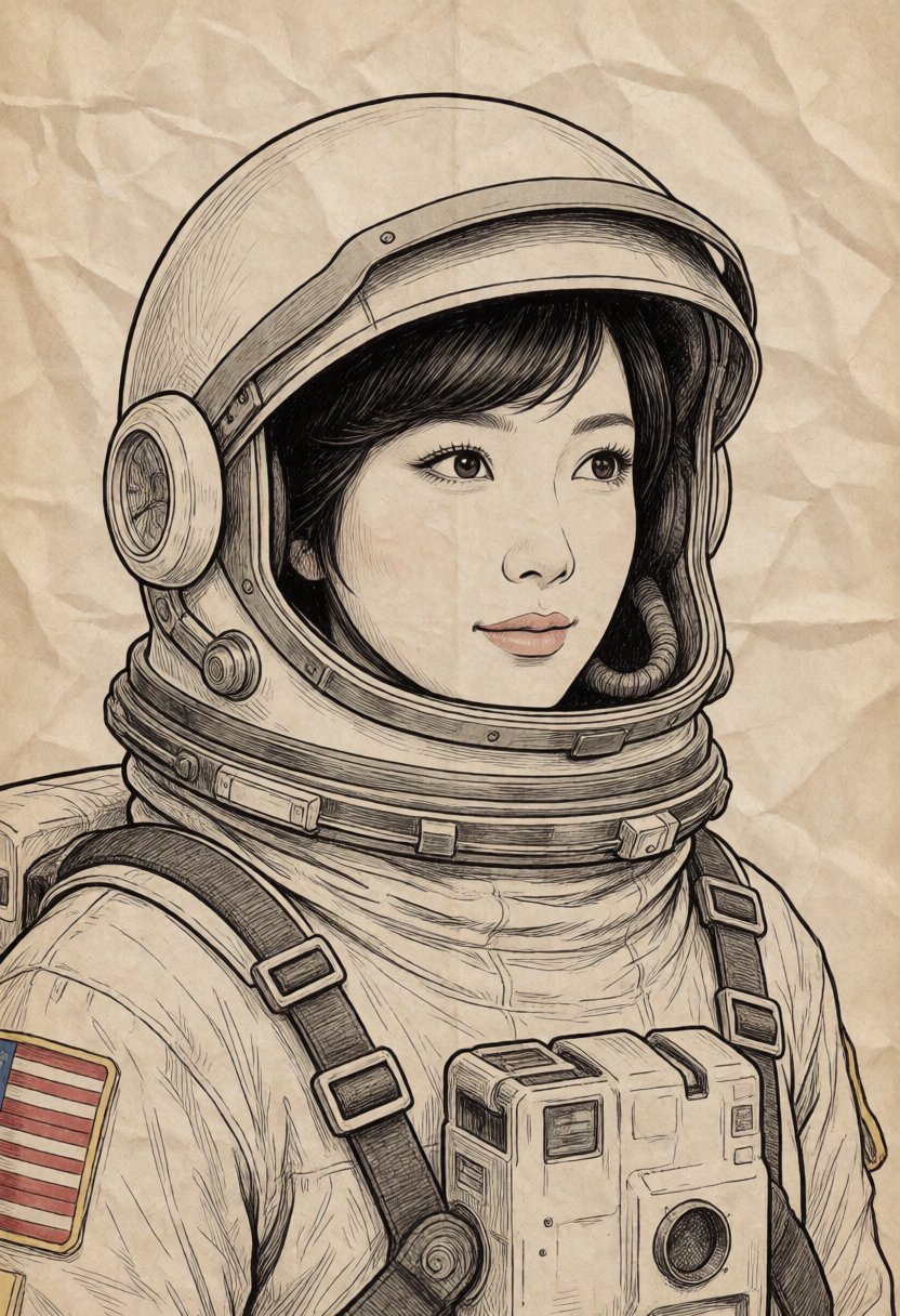 illustration of beautiful Japanese woman 1960s Astronaut in style of ink sketch on construction paper. ((intricate paper t...