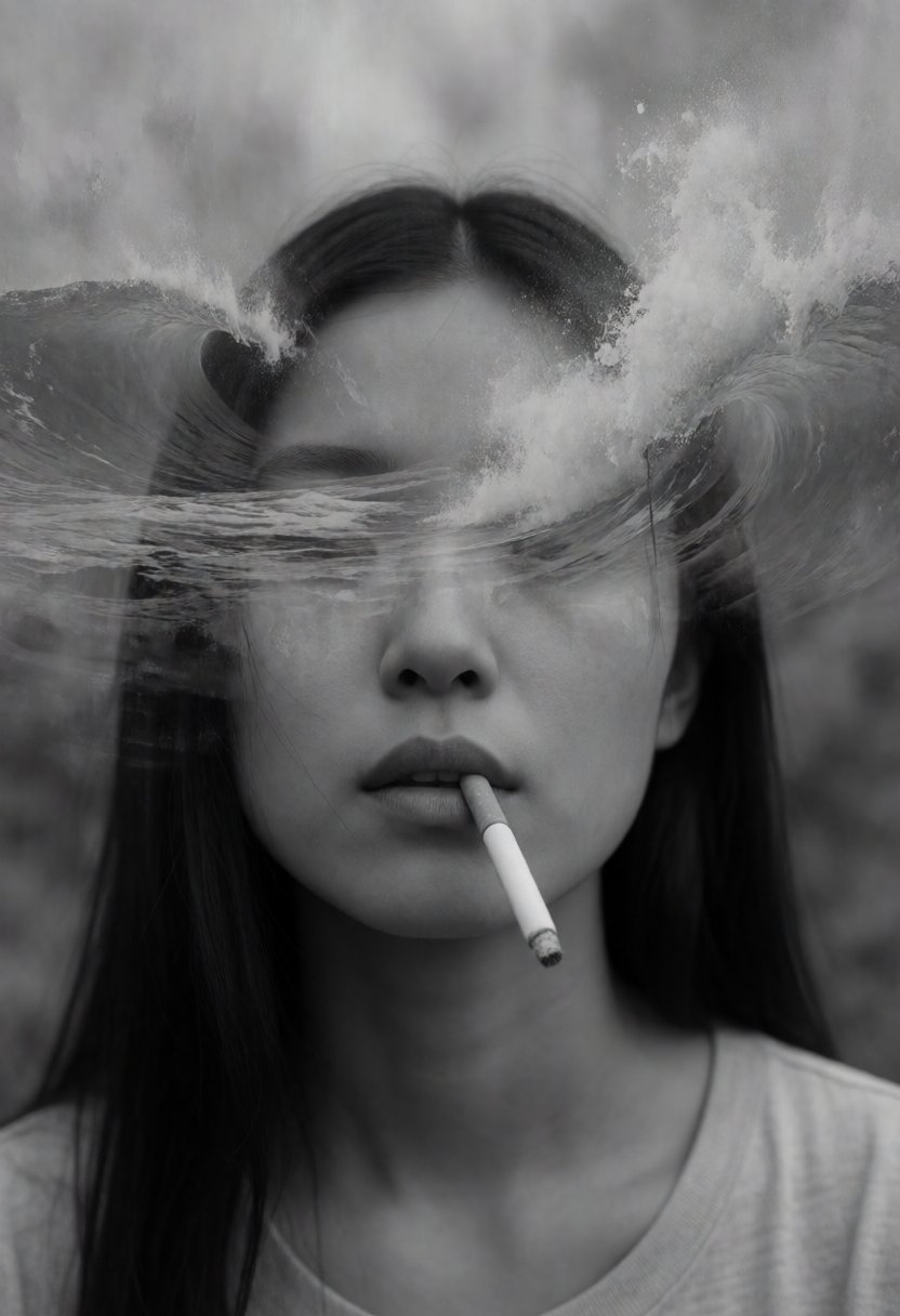 A surreal artwork showing a asian woman face with a cigarette in their mouth. upper face is obscured by what looks like a...