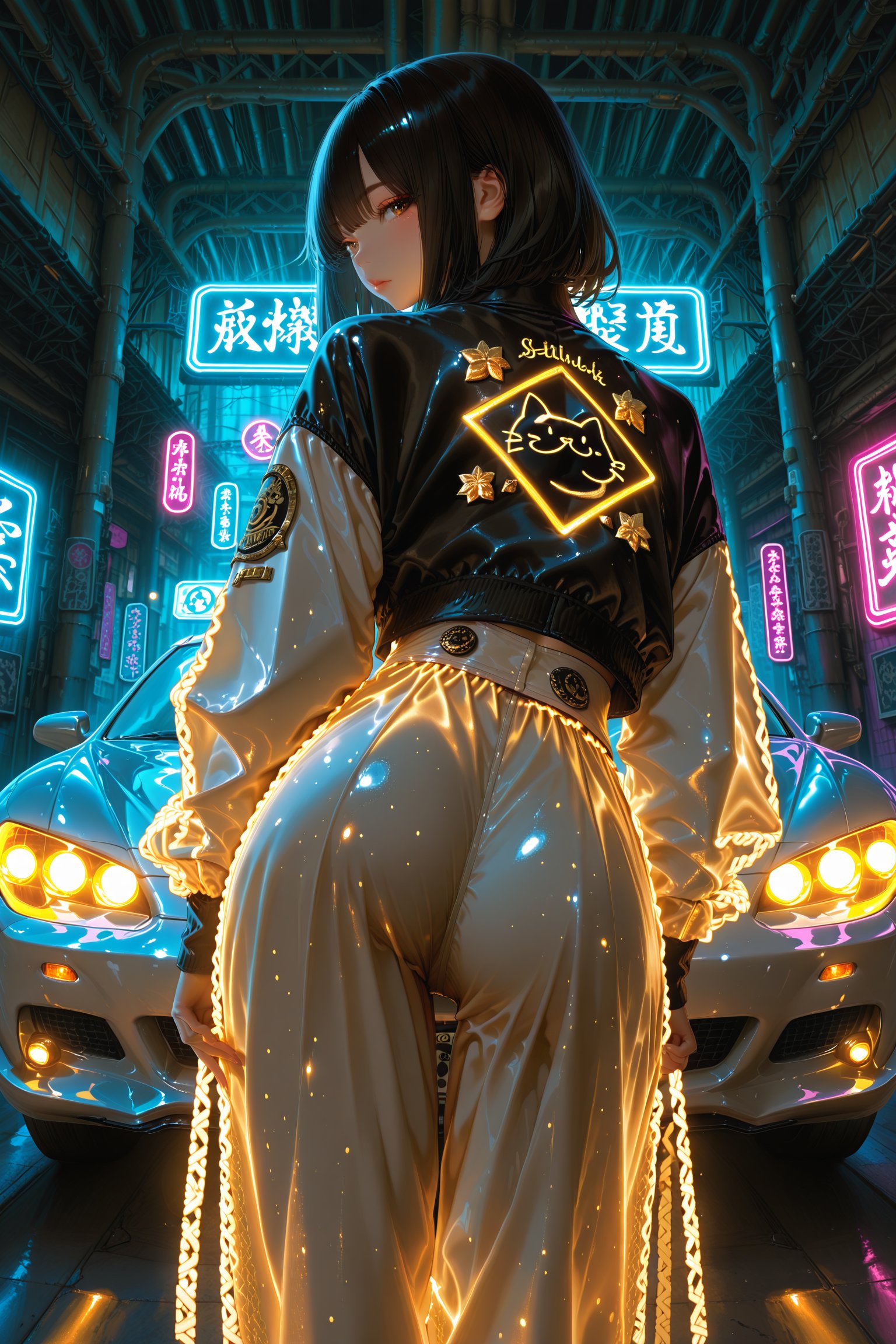 A hyper-realistic full-body portrait of a Japanese woman seen from behind,  centered composition,  low-angle shot emphasiz...