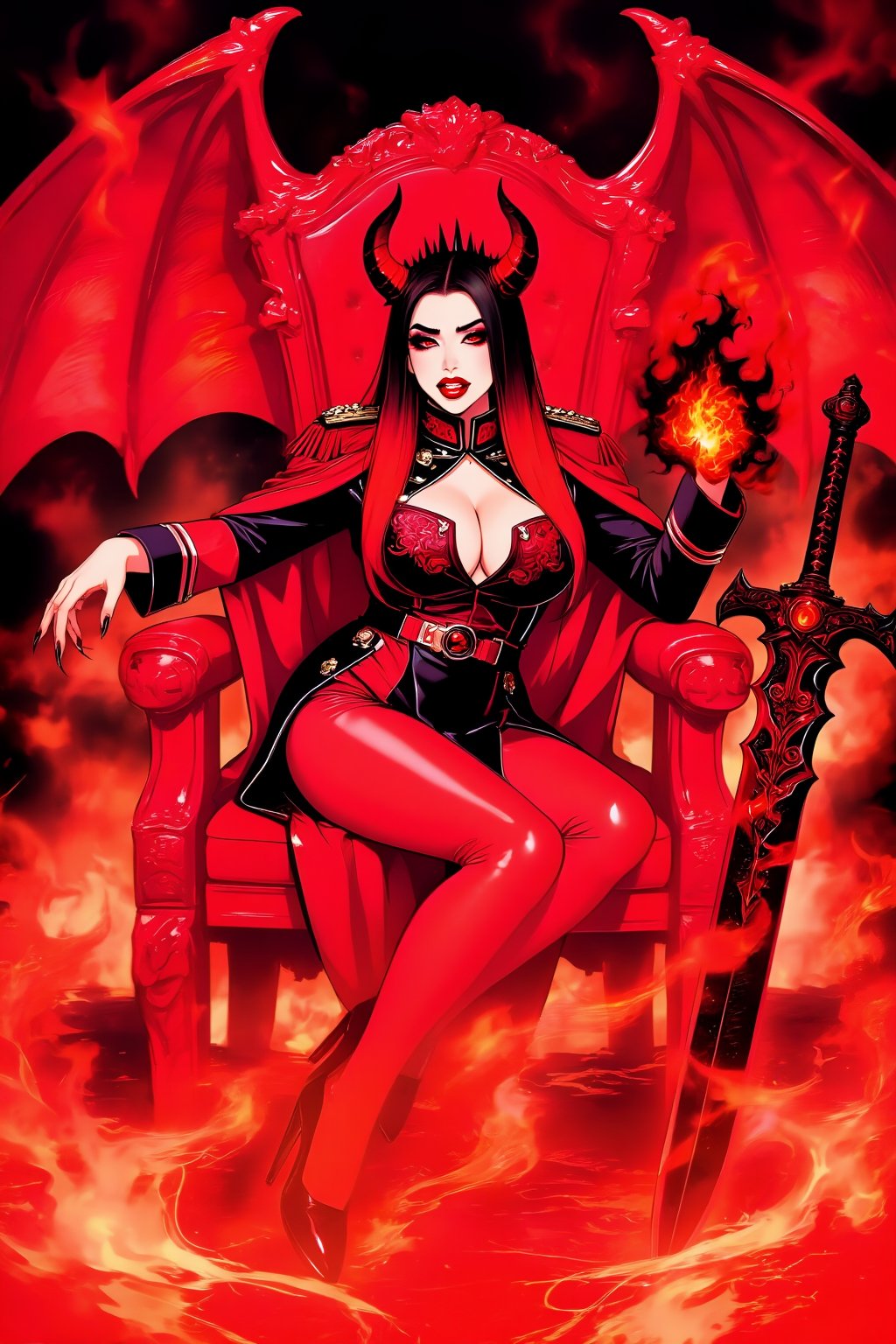 A busty girl with huge bright red demon wings (like bat-like wings),  with a cold and disgusted expression on her face,  w...