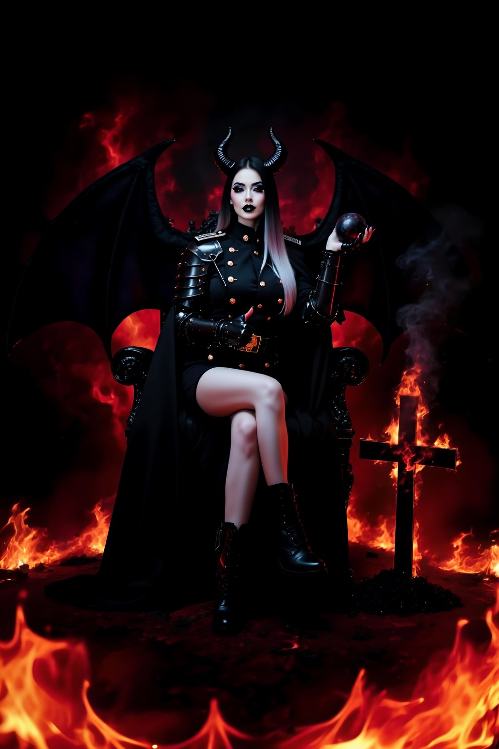 A busty girl with huge black devil wings (like bat-like wings),  raised her chin with an arrogant expression on her face,...