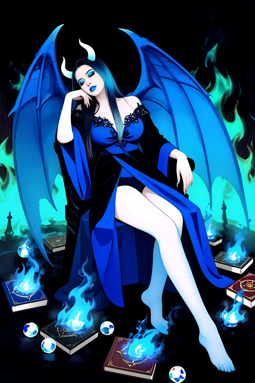 A busty girl with huge turkish blue demon wings (like bat-like wings),  eyes closed,  lazy expression on her face by newsa...