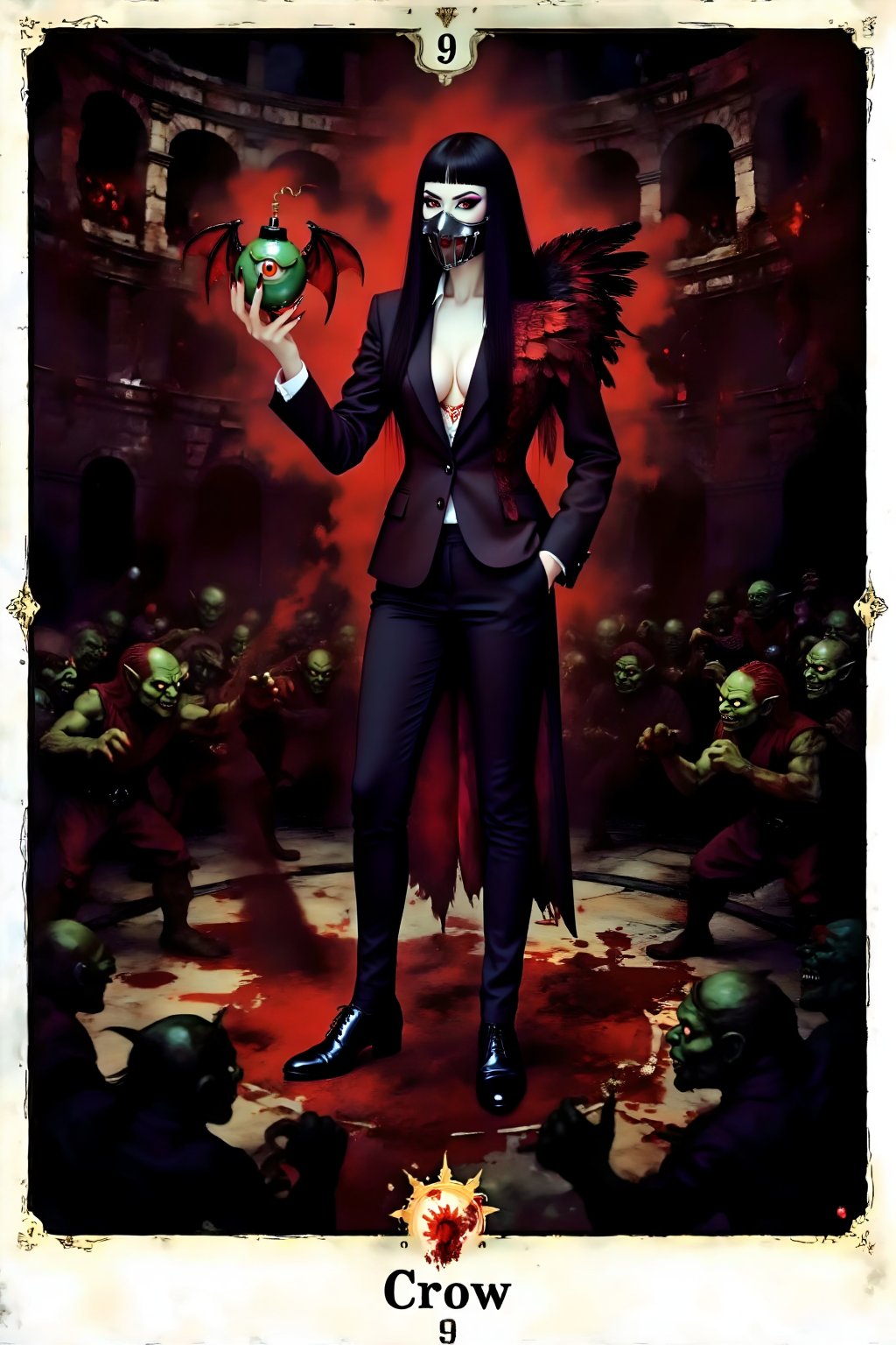 Score_9 is a tarot card that tells the story of an evil tall thin woman in a suit preparing to fight in a dark circular ar...
