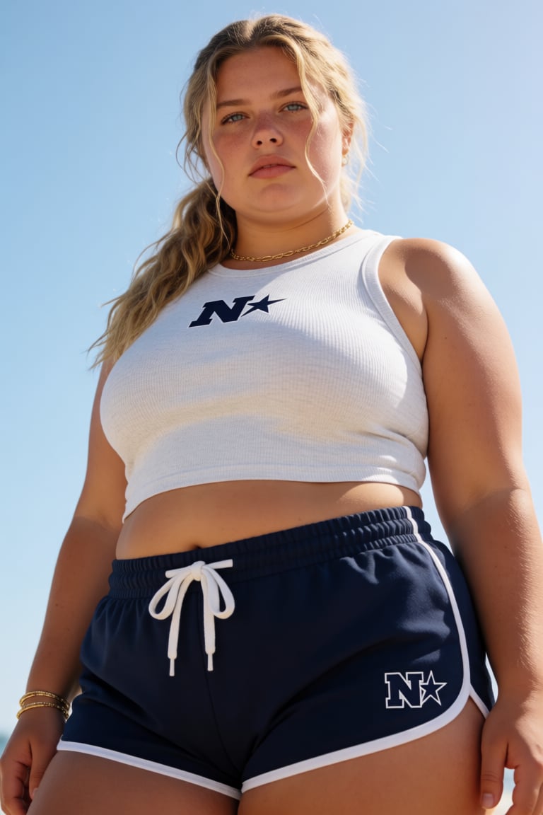 woman with blue eyes and light freckles across her cheeks and nose stands outdoors against a clear blue sky,  photographed...
