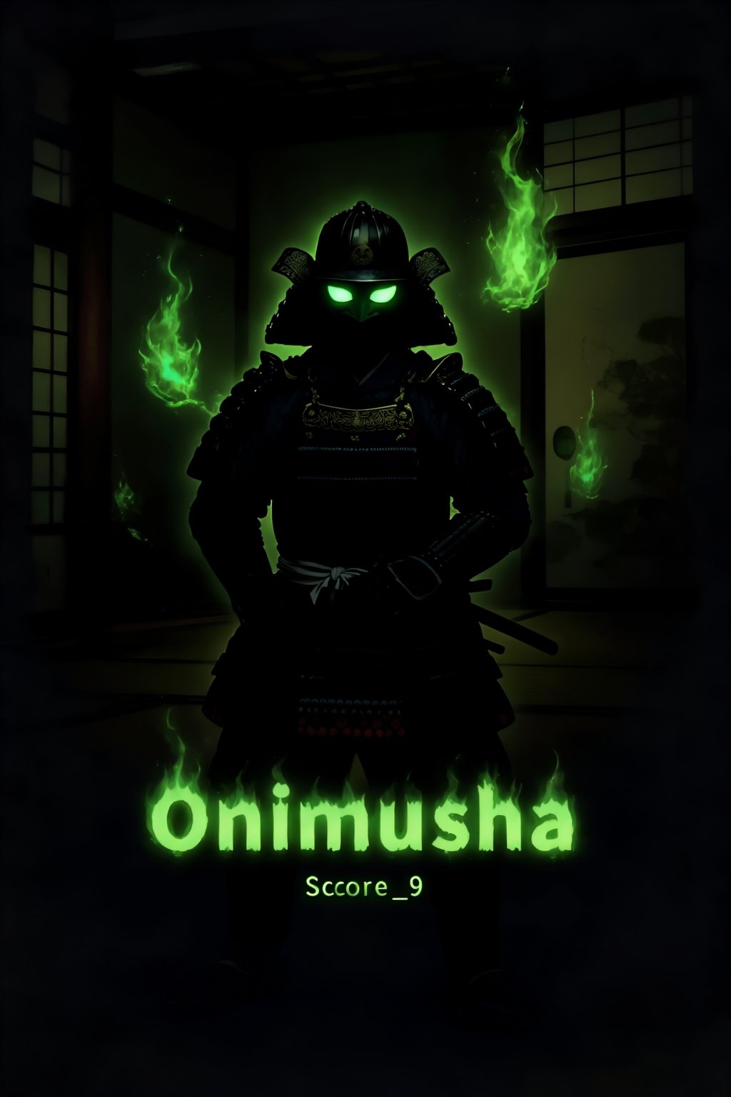 Score_9,  Close-up: A warrior in full black Japanese samurai armor stands in a dark,  Japanese-style room by newsans23 on...