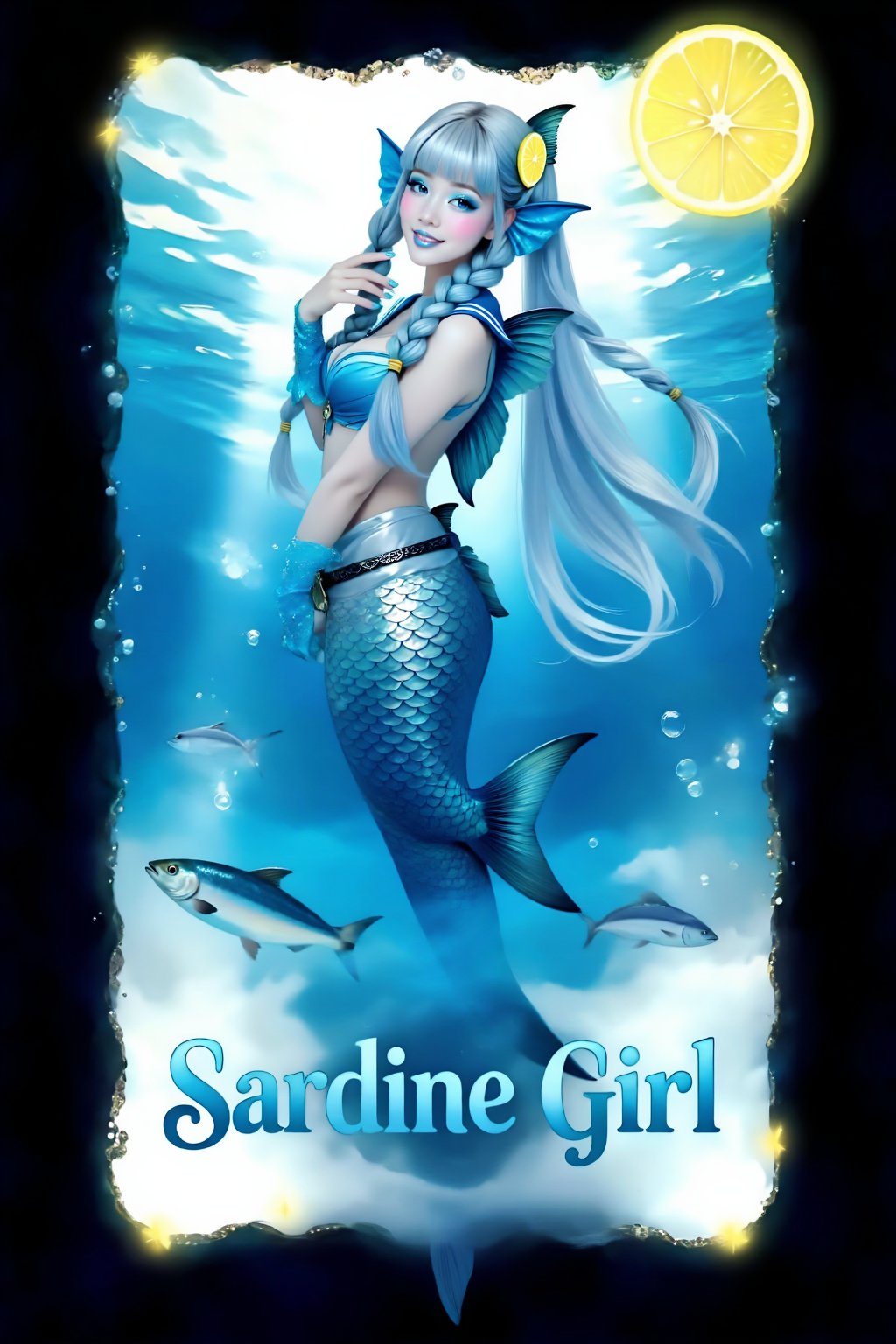 Top quality. Inspiration: Cover design. Image: A young girl with stylish long hair that fades from light blue to silver (w...
