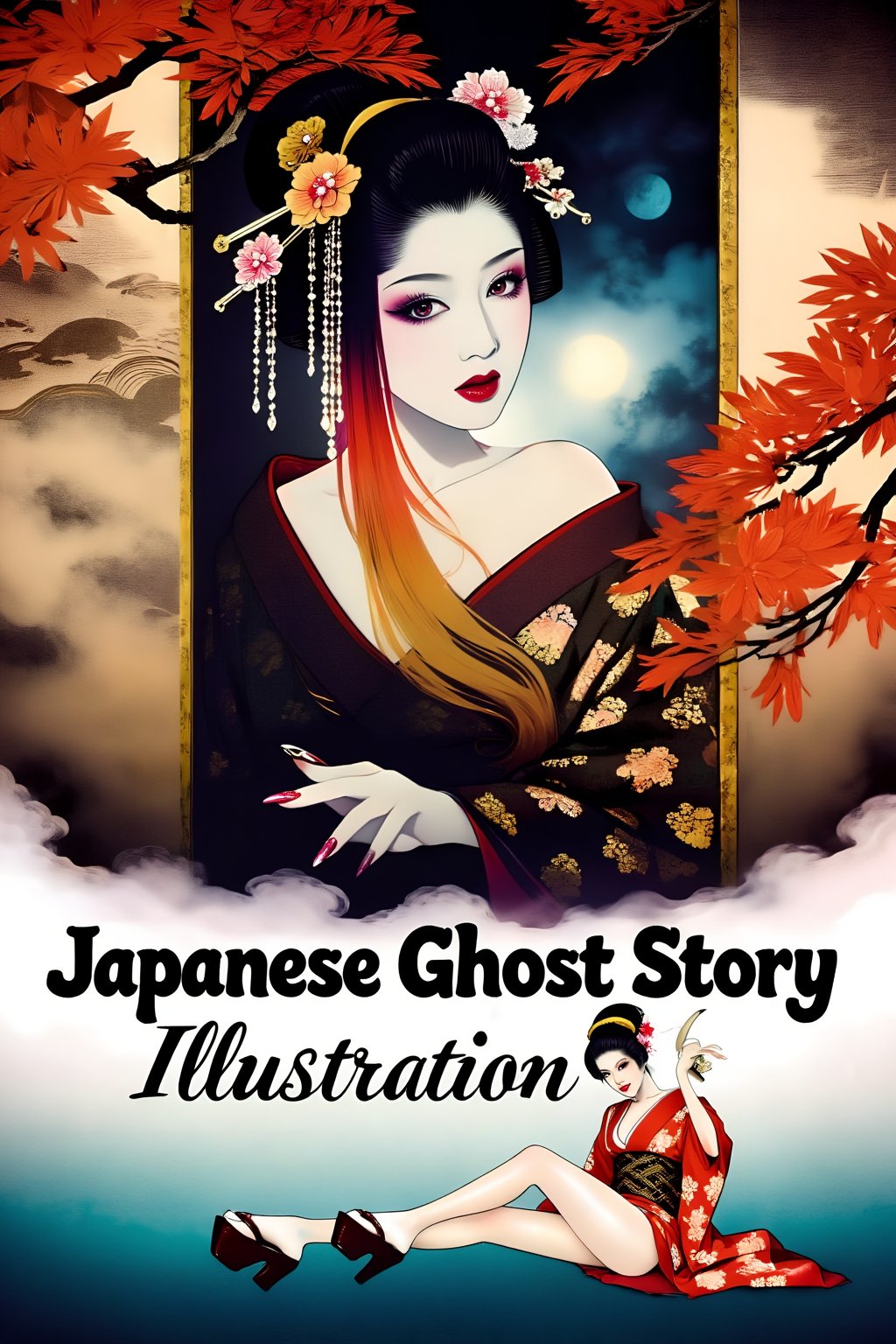 Top quality. Inspiration: Cover design. Cover: A young woman dressed as a geisha in classical Japanese attire,  blending t...