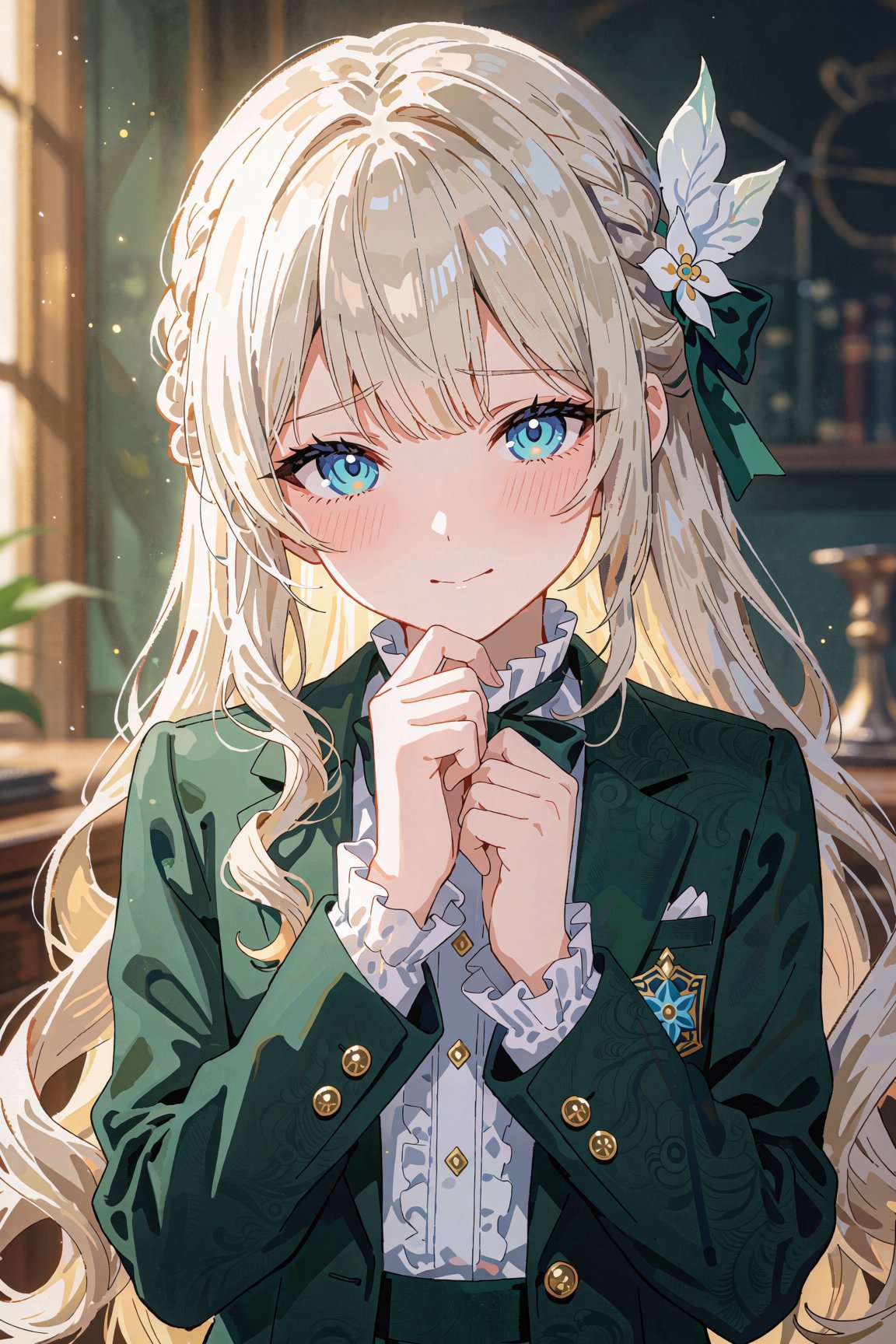 girl with long platinum blond hair in green blazer and white blouse,  azure eyes,  shy smile by Shopon_skp on Tensor.Art