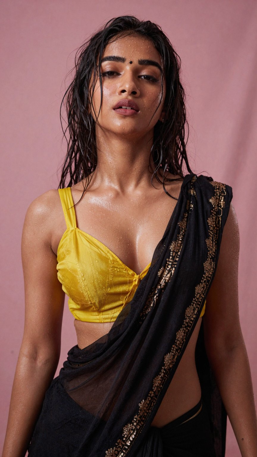 Ultra-realistic portrait of a stunning Indian woman standing against a soft matte pink backdrop. She has wet,  tousled bla...