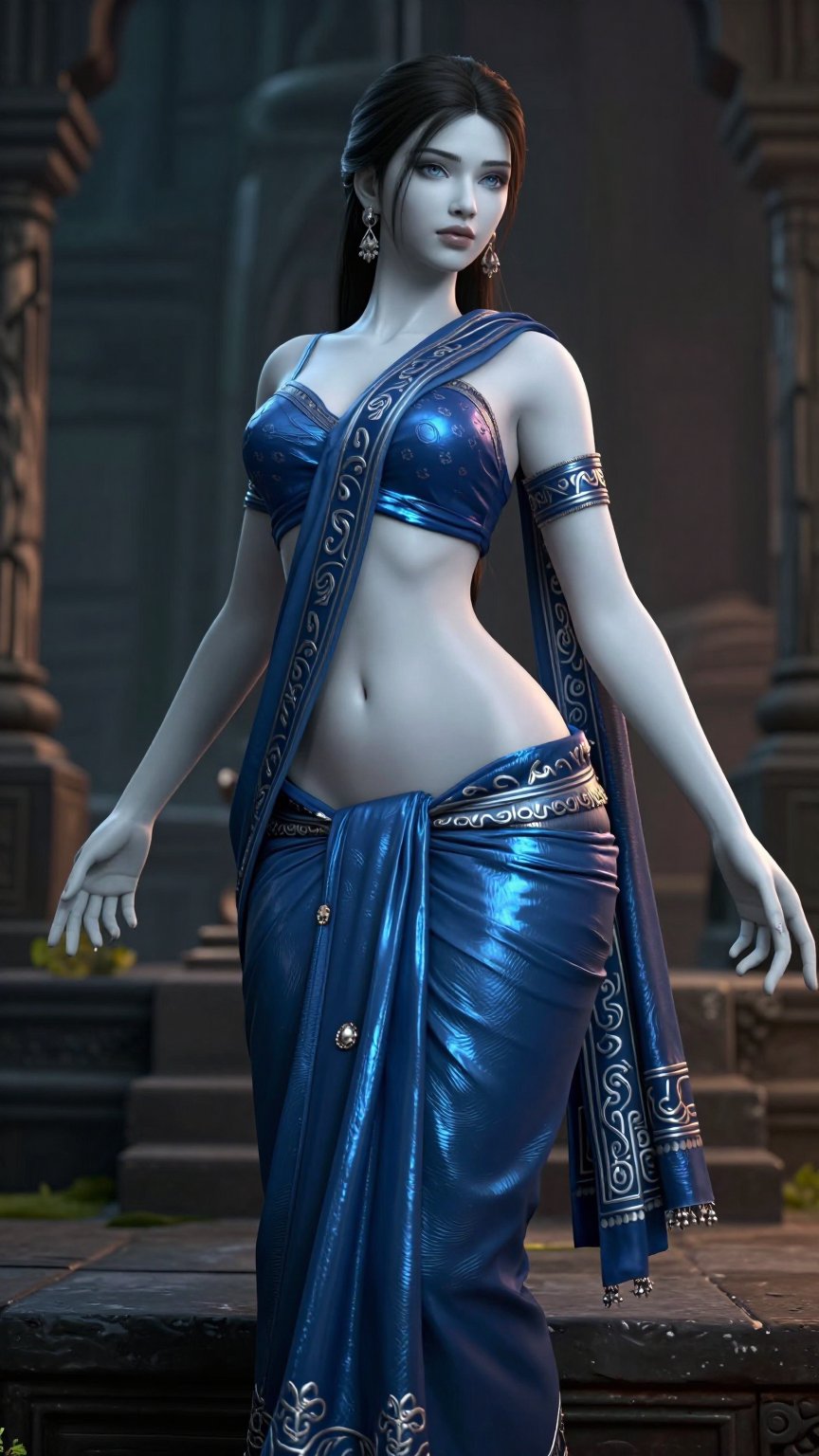 Extreme CG game character full-body render,  stunning pale-skinned Punjabi woman featuring perfectly smooth plastic pale C...