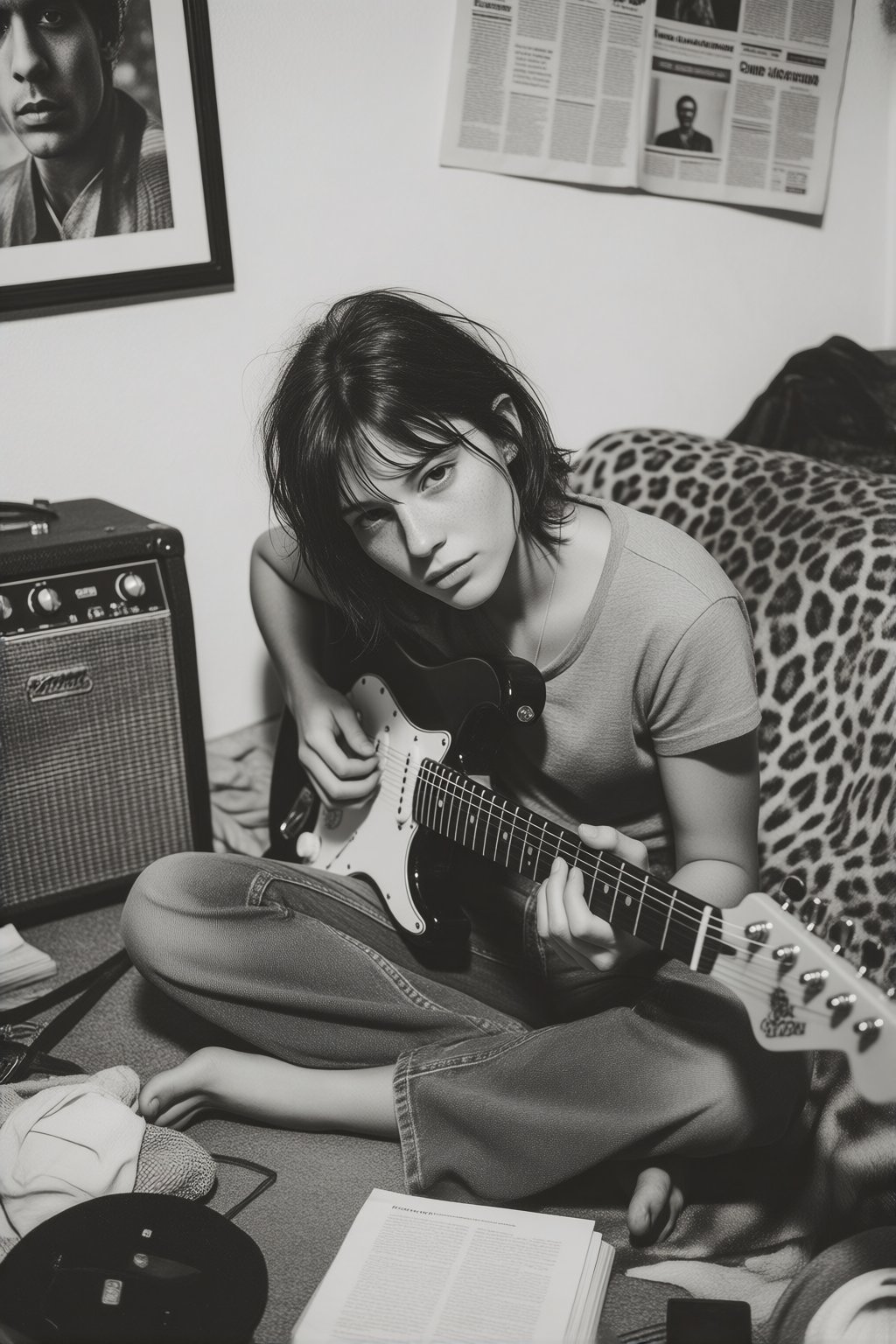 midjourneyanalog16k2e2 A candid,  high-contrast black and white photograph of a young female musician with short,  disheve...