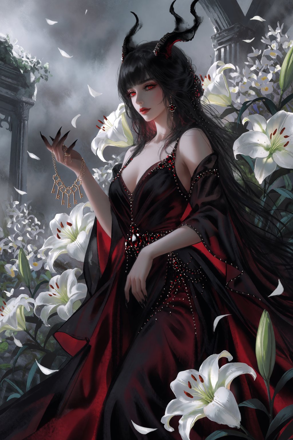 A painterly fantasy illustration depicts a woman with long raven hair,  red eyes,  and delicate black horns curled like in...