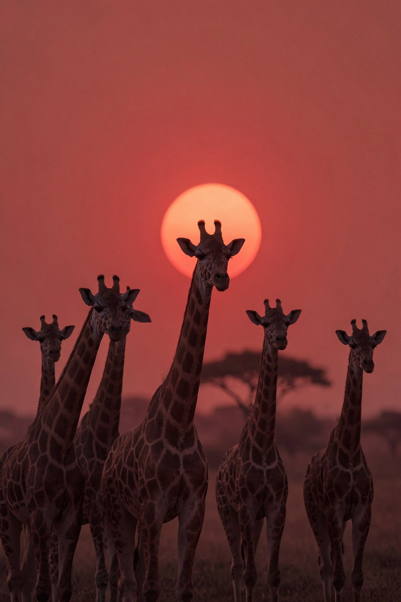 African sunset. zoom on the red sun through a herd of giraffes. balanced masterpiece. by RAY3780 on Tensor.Art