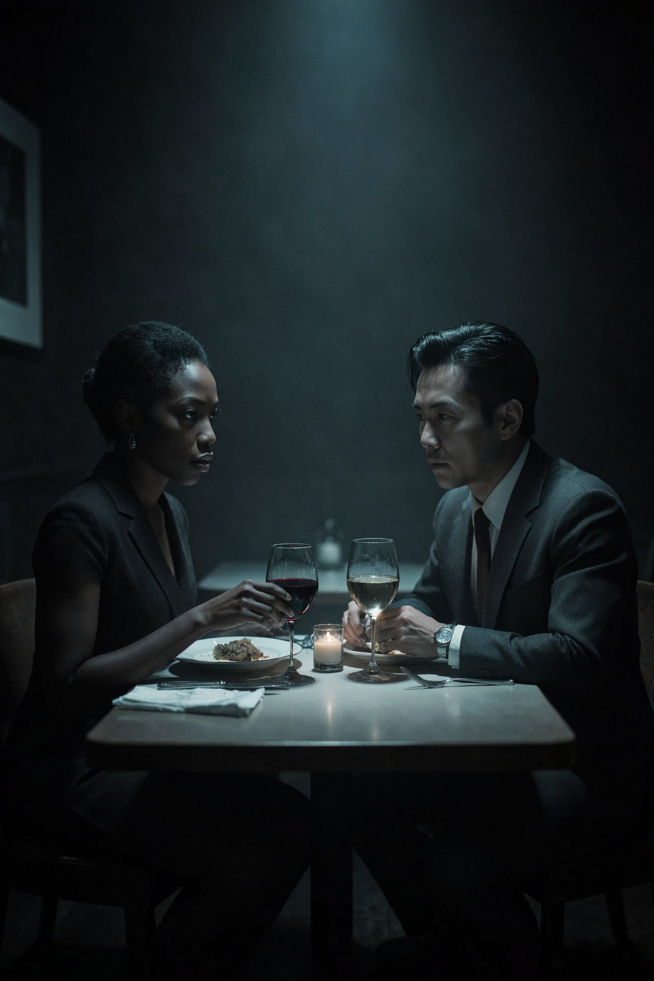 two shadowy figures dining in a cold war era restaurant,  a black woman,  and an asian man by RAY3780 on Tensor.Art