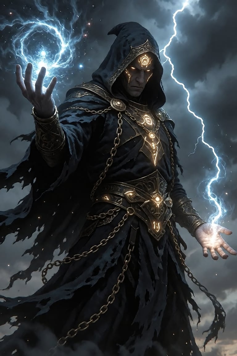 fantasy illustration of,  A towering,  enigmatic sorcerer stands defiant against a tempestuous sky by Official SketchZa on...