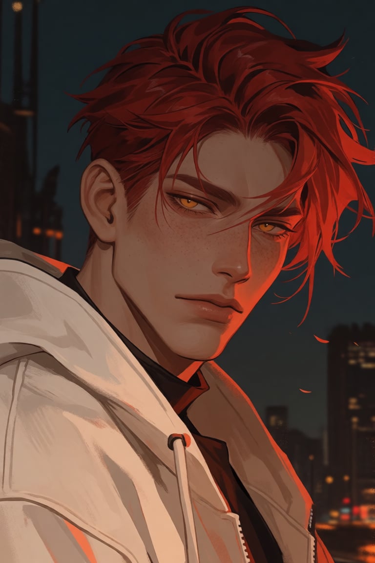 The image depicts a man with vibrant red hair and striking yellow eyes. he is wearing a white jacket with a high collar,...