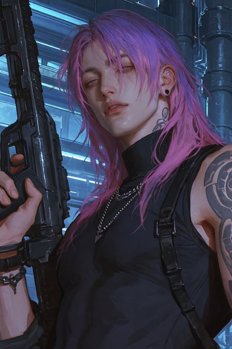 The image depicts a character with long,  flowing hair that is dyed pink and purple. The character is wearing a black slee...