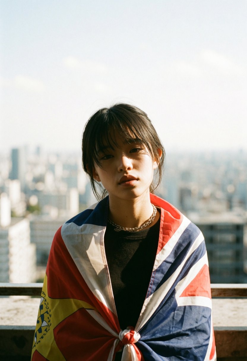 Aesthetic photography featuring a cinematic lo-fi portrait of a girl on a rooftop. Hard sunlight creates sharp shadows acr...