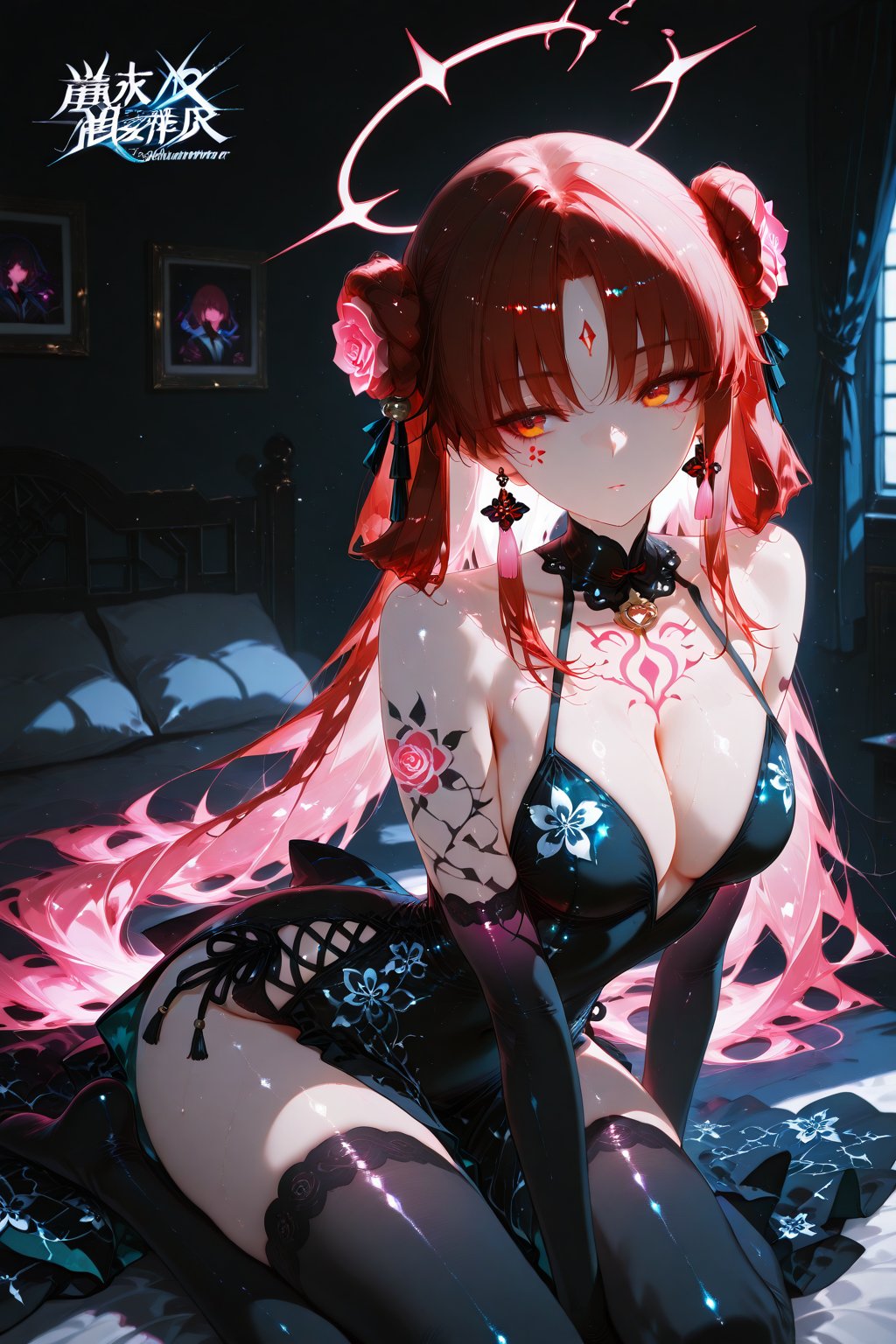 Title: "Neon Blossoms: A Serene Radiance" Subtitle: Illuminating Shadows In a captivating high-contrast anime-style illust...