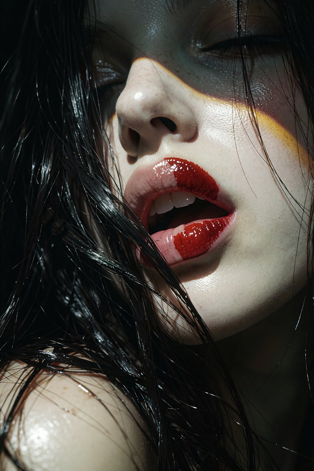 A woman's lips dominate the frame in a striking close-up,  her perfectly formed red mouth glistening with moist texture as...