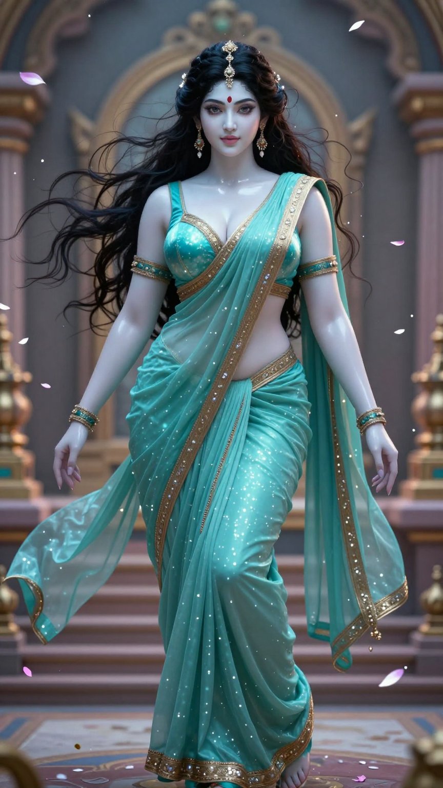 Fantasy style extreme CG image,  ethereal pale-skinned Punjabi goddess with smooth flawless plastic CG skin and perfect ho...