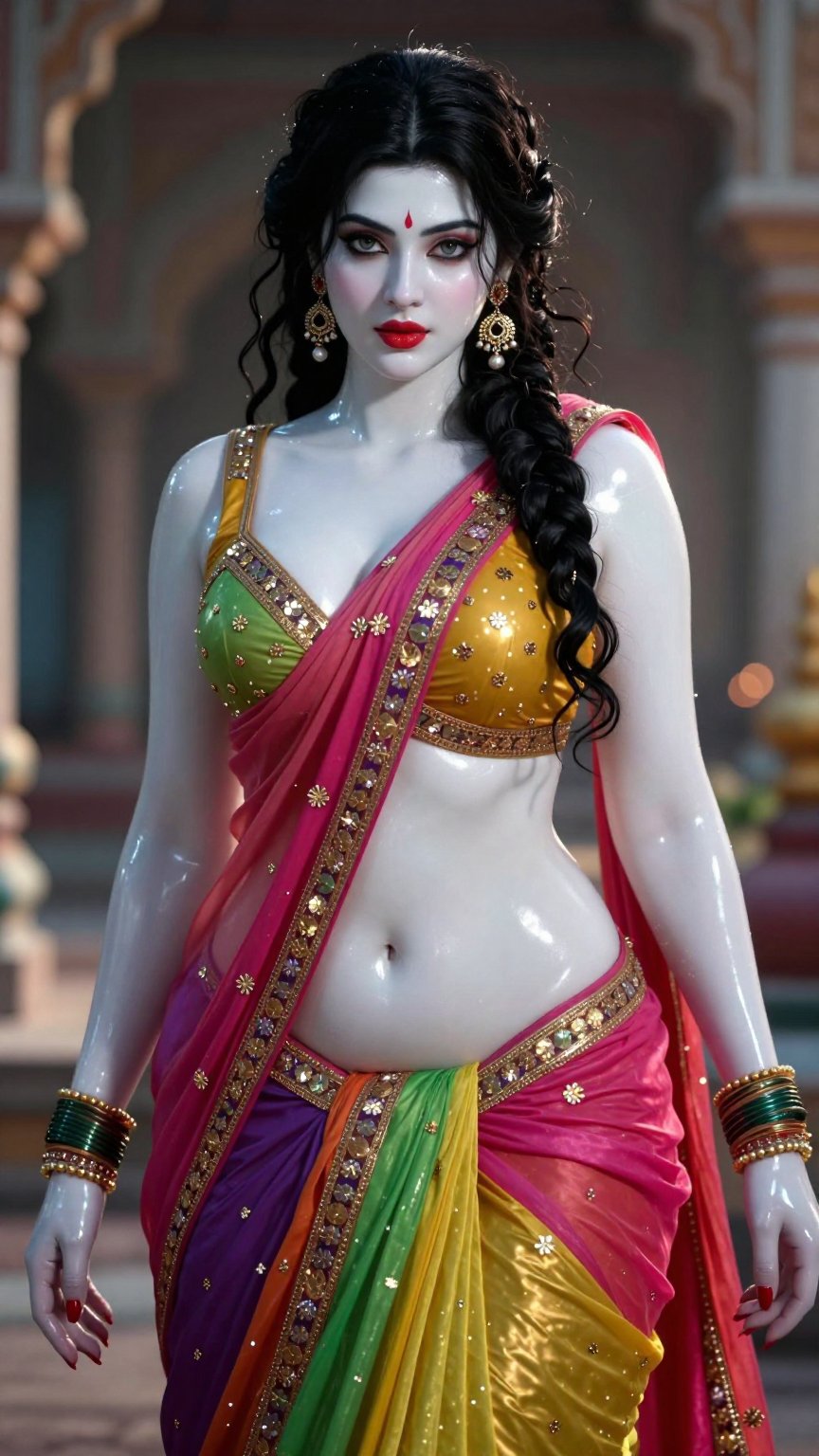 Ultra extreme CG game character full render,  pale-skinned seductive Punjabi-style woman with perfect smooth plastic CG sk...