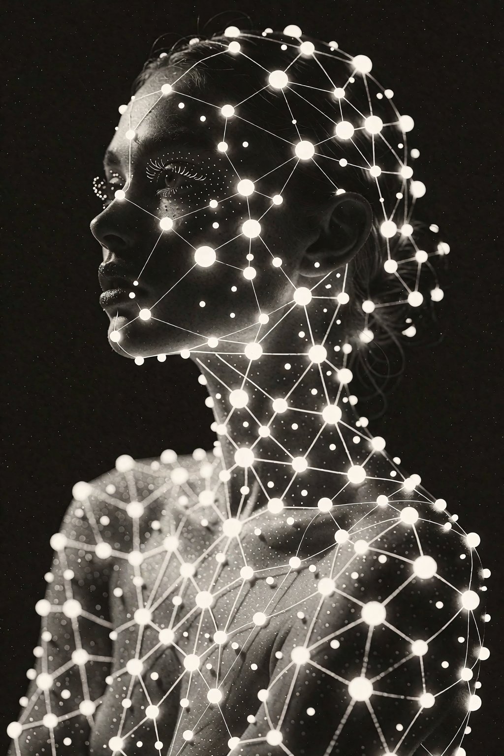 A monochromatic,  high-contrast profile portrait captures a woman in film photography style with rich vintage aesthetic,...