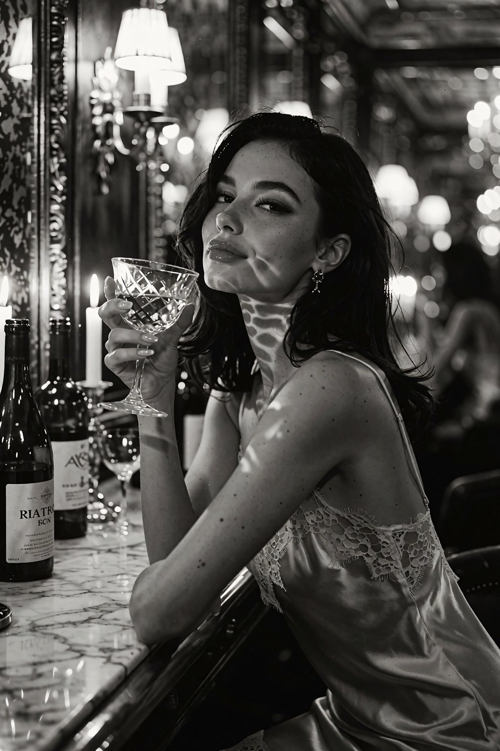 An elegant evening portrait captures a confident woman in her 20s with porcelain skin and sleek raven hair,  seated at a m...