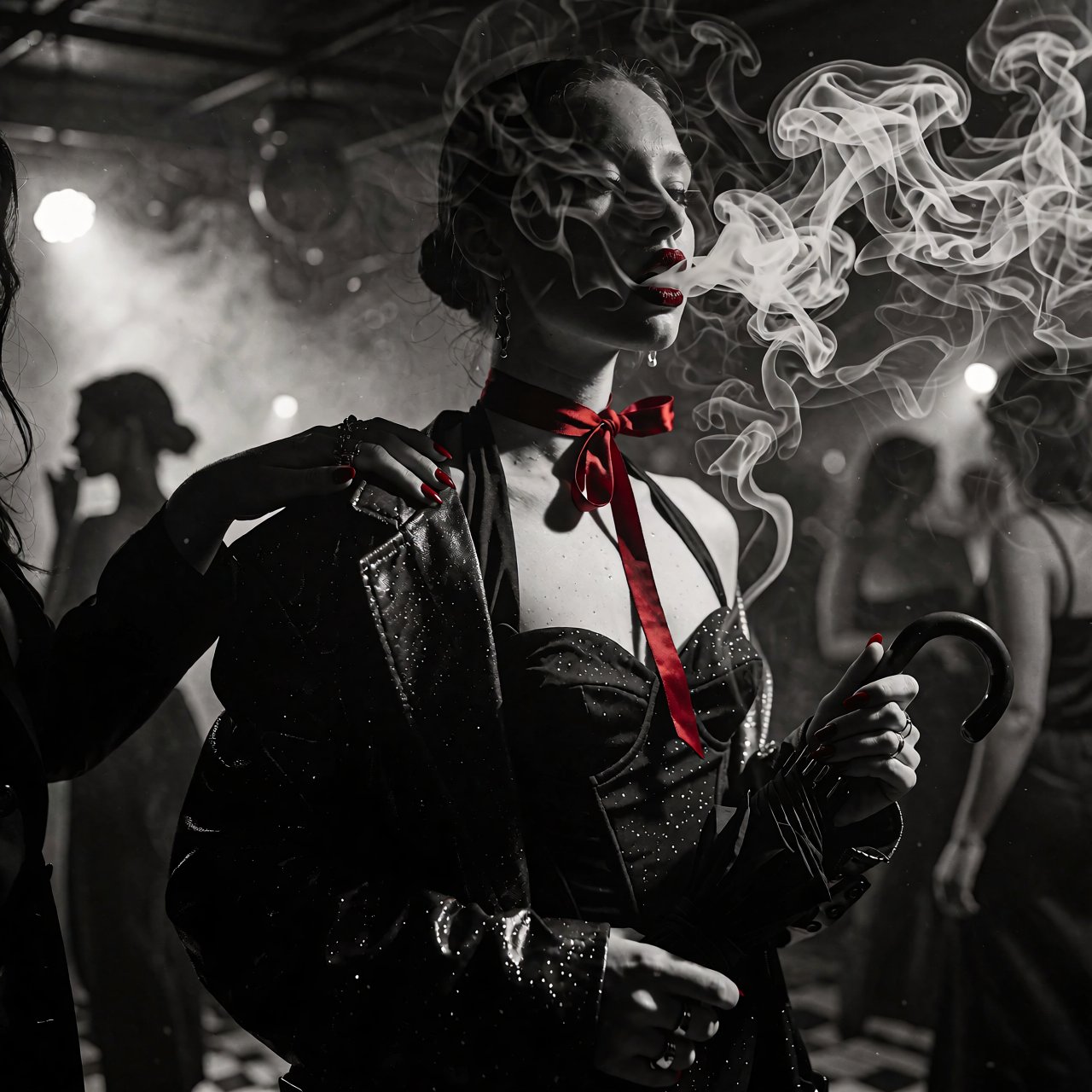 A photorealistic photograph rendered in grainy black-and-white film stock with bold red accents captures a woman standing...